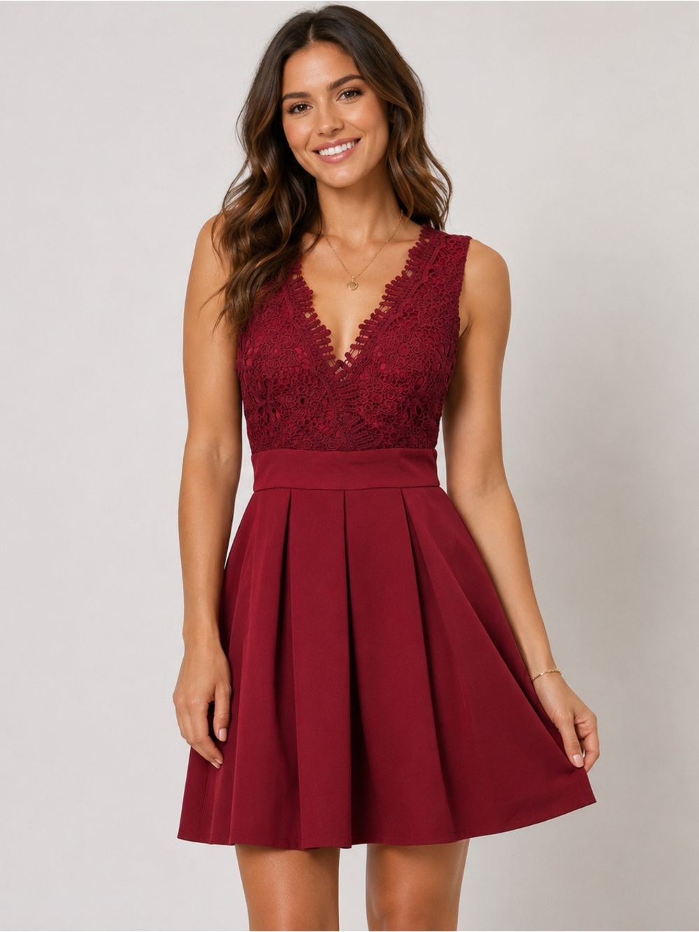 Maniju Burgundy Red Sleeveless V-Neck Lace Bodice Flared Skirt Dress Size Small